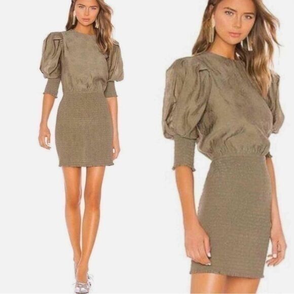 Rebecca Minkoff Geneva Smocked
Puff Sleeve Dress in Army Green large midi - Picture 1 of 16